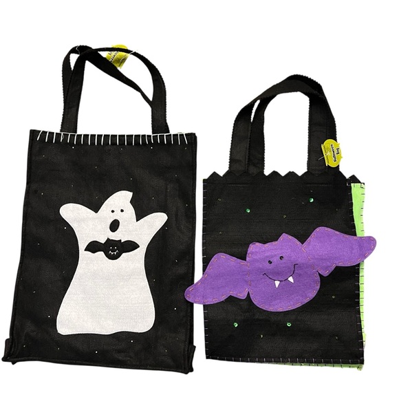 Target Other - Vintage Halloween Trick or Treat Tote Bags Felt Ghost Bat Sequin Embroidery 2 pc
